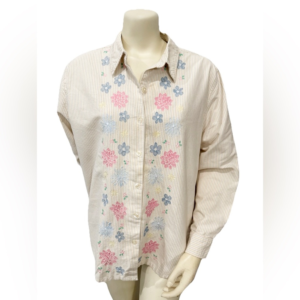 Classic Elements XL Floral Embroidered Striped Button-Up Shirt Women’s Vintage